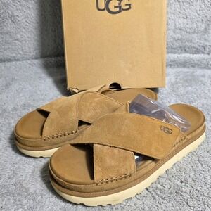 UGG Goldenstar CrissCross Slide Sandals Tan‎ Suede Leather Women's 11 EU 42 NEW